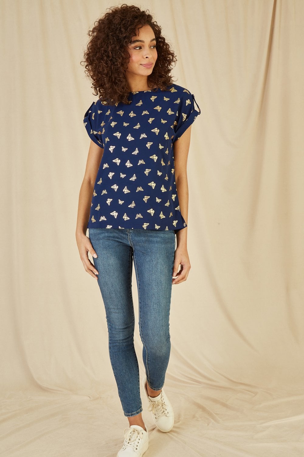 Yumi Navy Foil Butterfly Print Top Yumi