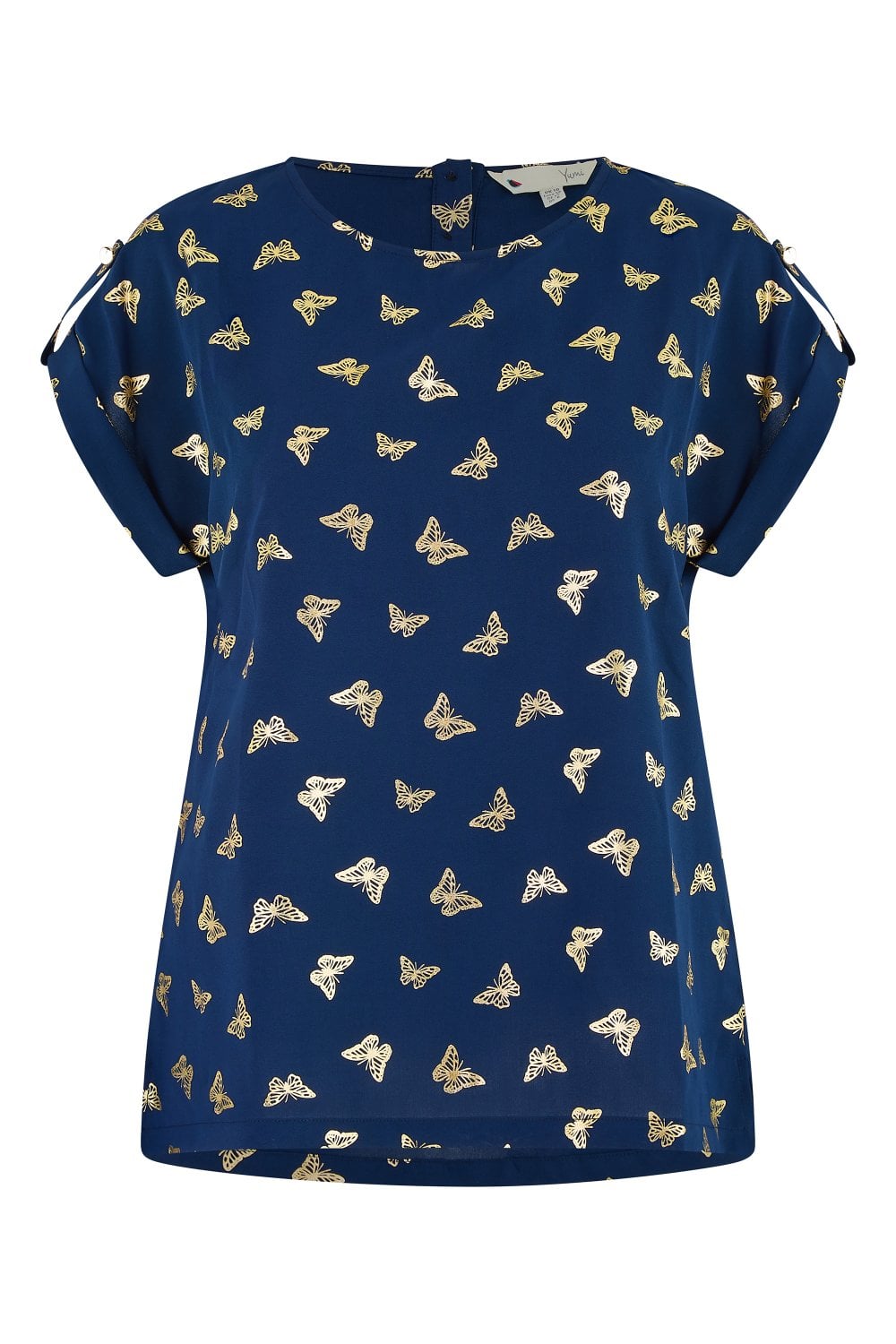 Yumi Navy Foil Butterfly Print Top Yumi