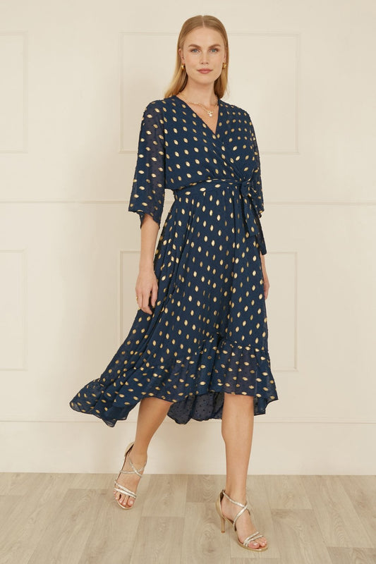 Yumi Navy Foil Print Wrap Over Dip Hem Midi Dress Yumi