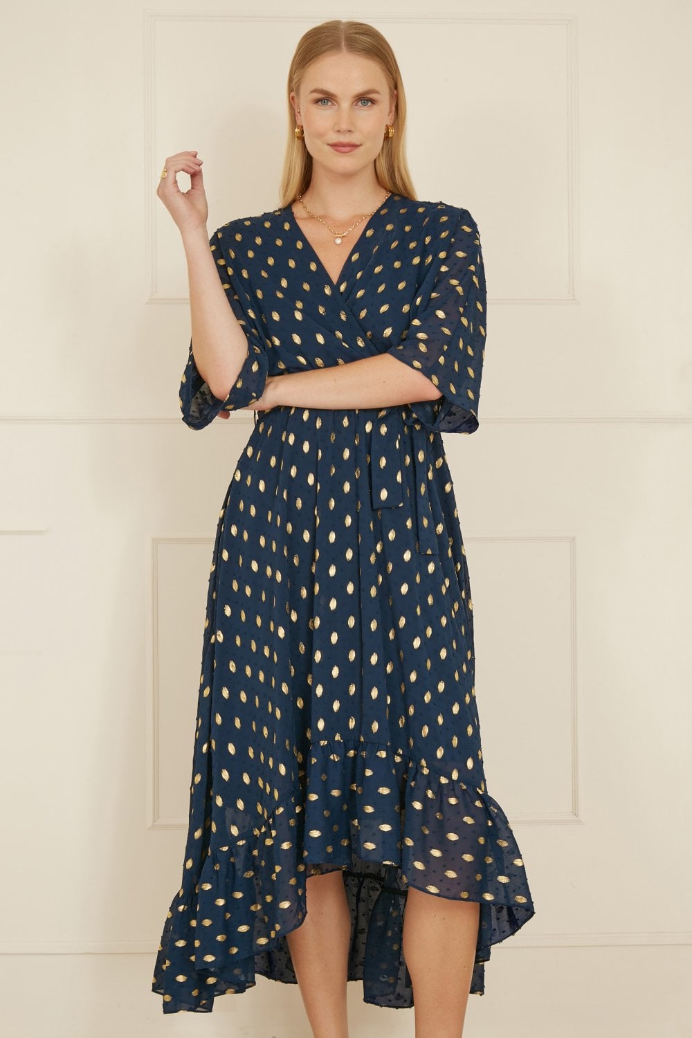 Yumi Navy Foil Print Wrap Over Dip Hem Midi Dress Yumi