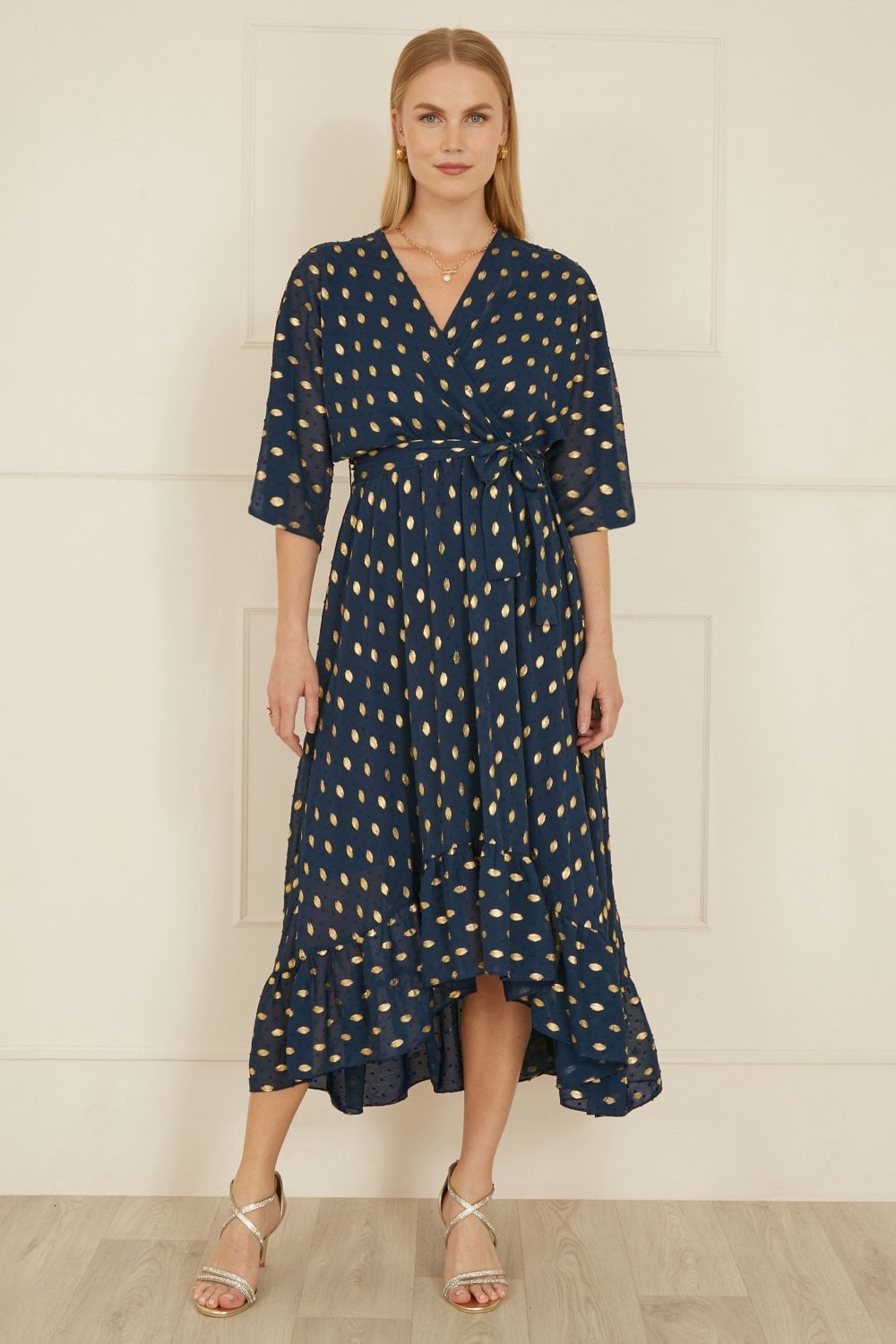 Yumi Navy Foil Print Wrap Over Dip Hem Midi Dress Yumi