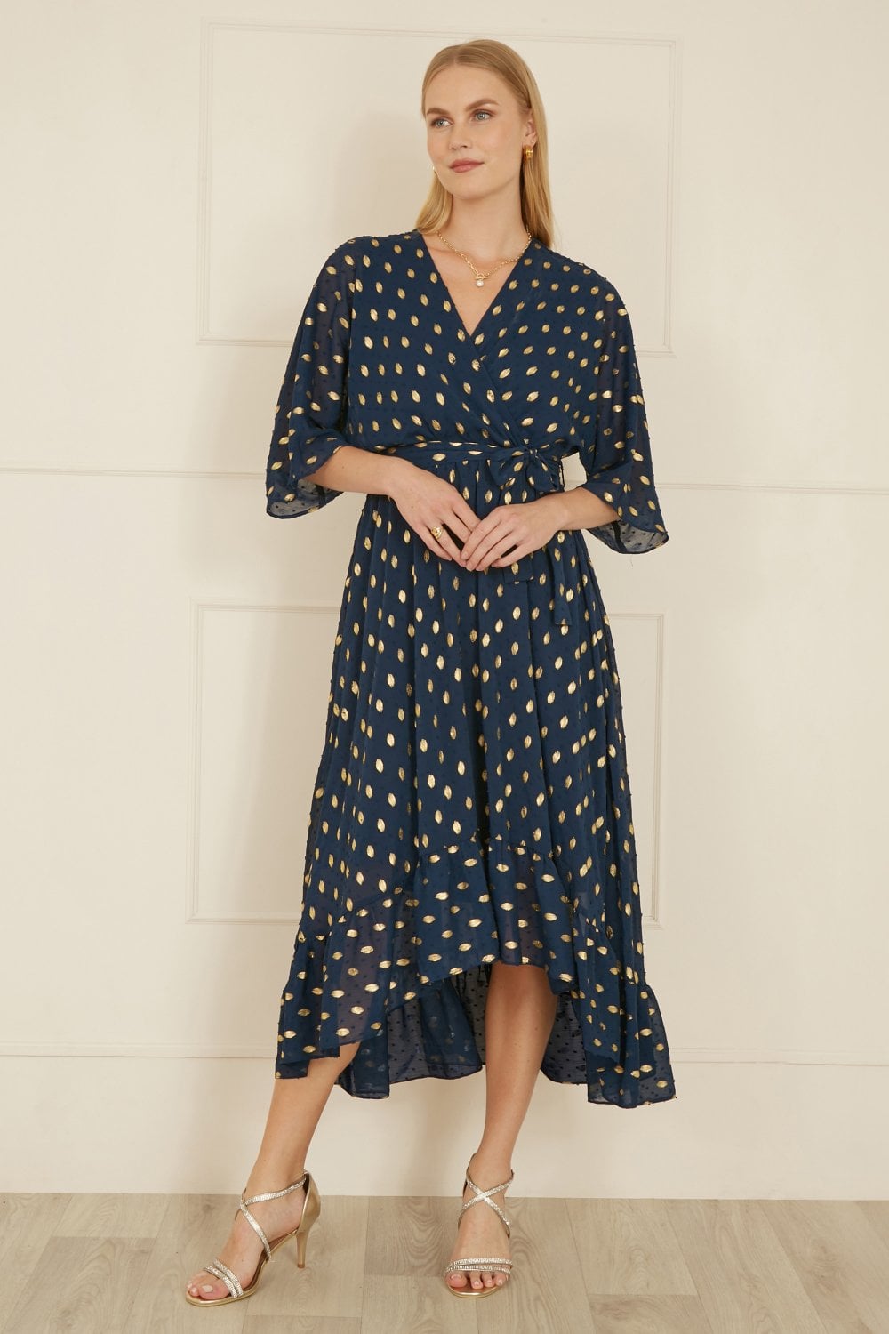 Yumi Navy Foil Print Wrap Over Dip Hem Midi Dress Yumi