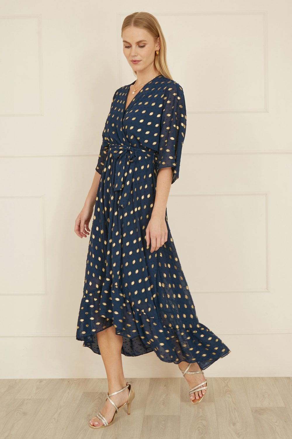 Yumi Navy Foil Print Wrap Over Dip Hem Midi Dress Yumi