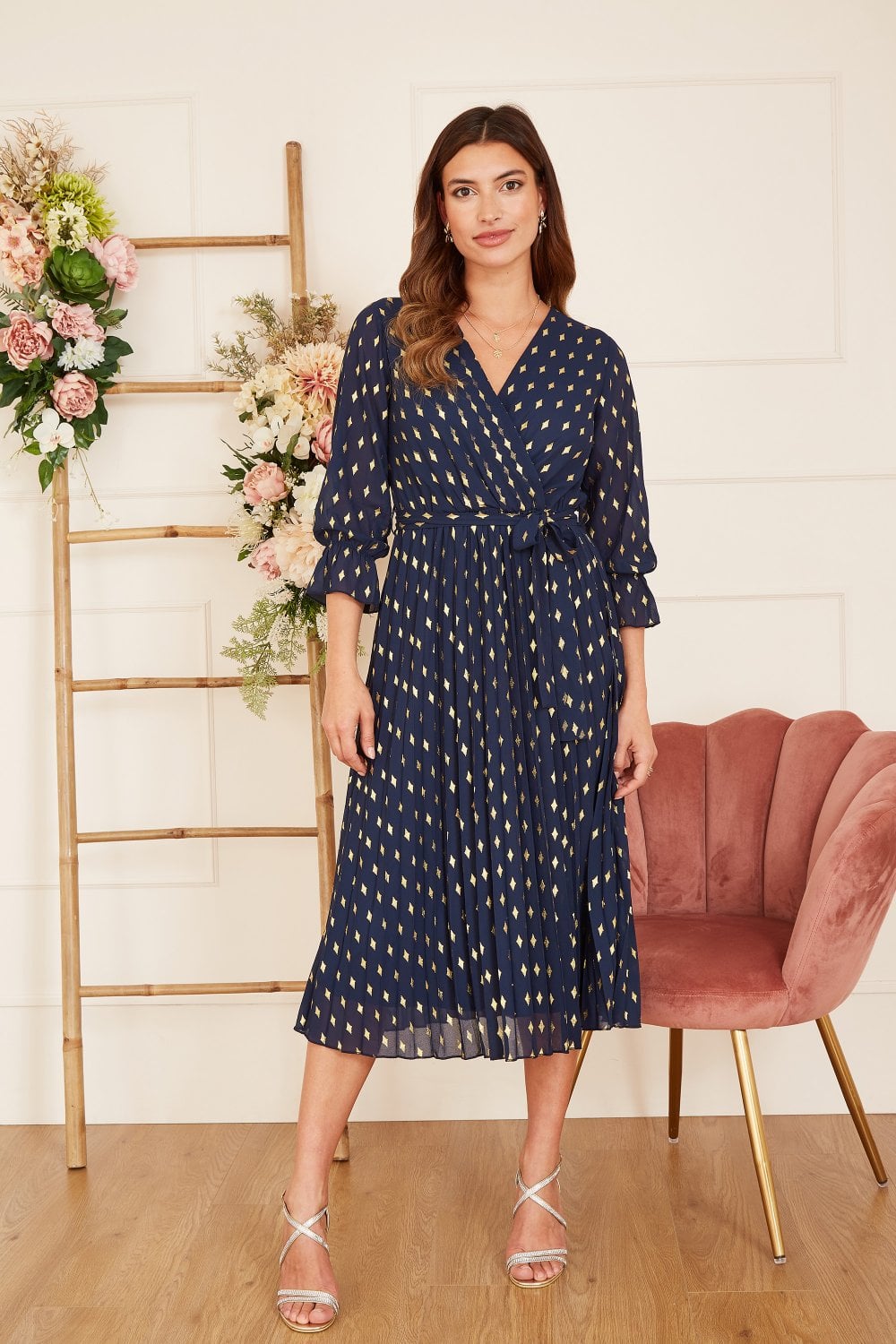 Yumi Navy Foil Printed Pleated Wrap Midi Dress Yumi