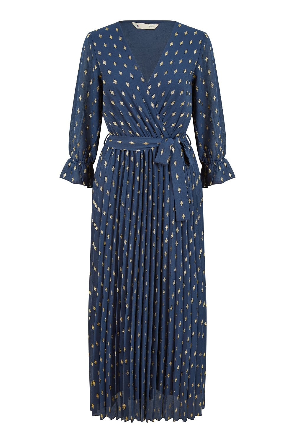 Yumi Navy Foil Printed Pleated Wrap Midi Dress Yumi