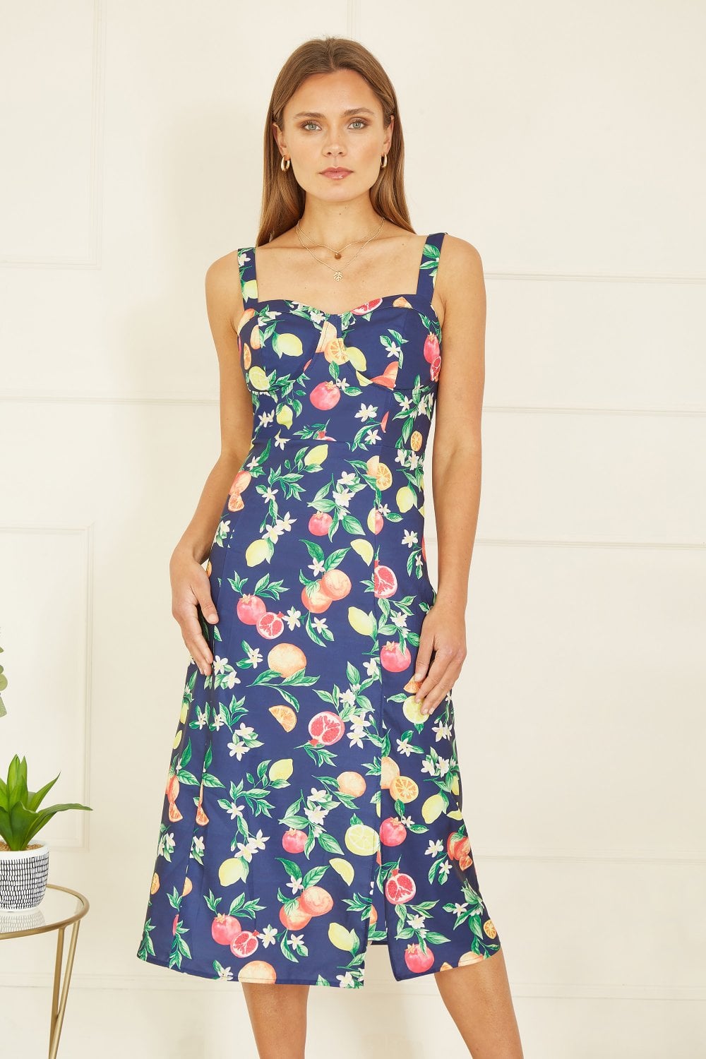 Yumi Navy Fruit Print Strappy Sundress With Front Split Yumi