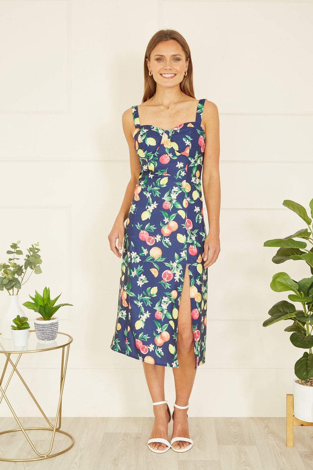 Yumi Navy Fruit Print Strappy Sundress With Front Split Yumi