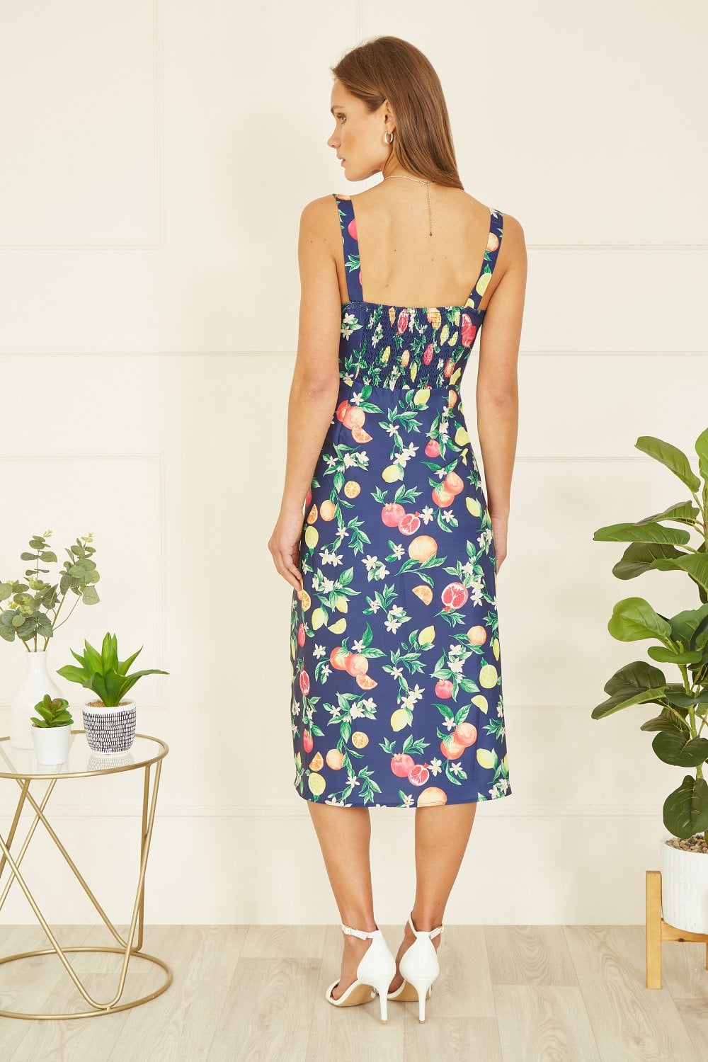 Yumi Navy Fruit Print Strappy Sundress With Front Split Yumi