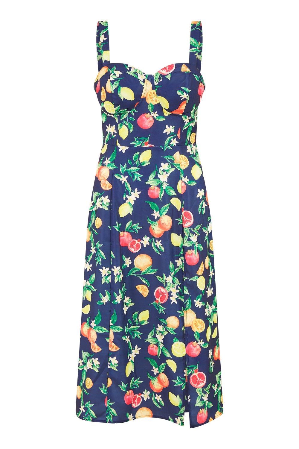 Yumi Navy Fruit Print Strappy Sundress With Front Split Yumi