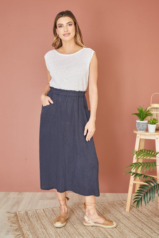 Yumi Navy Italian Linen Midi Skirt With Pockets Yumi