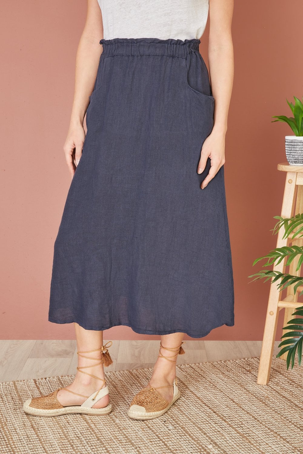 Yumi Navy Italian Linen Midi Skirt With Pockets Yumi