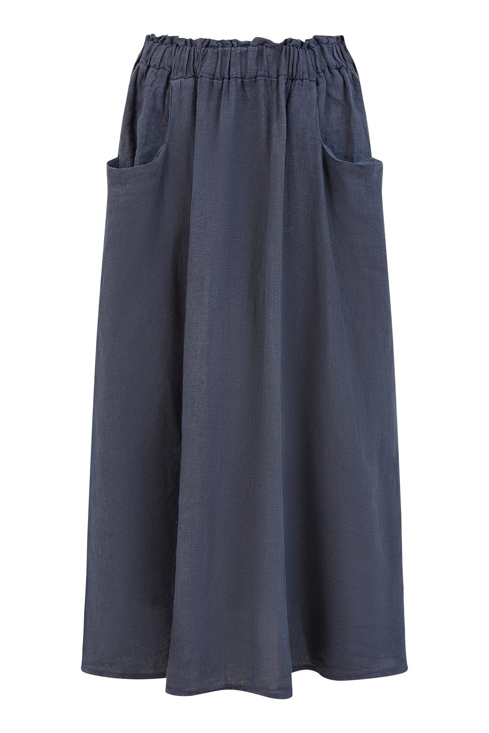 Yumi Navy Italian Linen Midi Skirt With Pockets Yumi