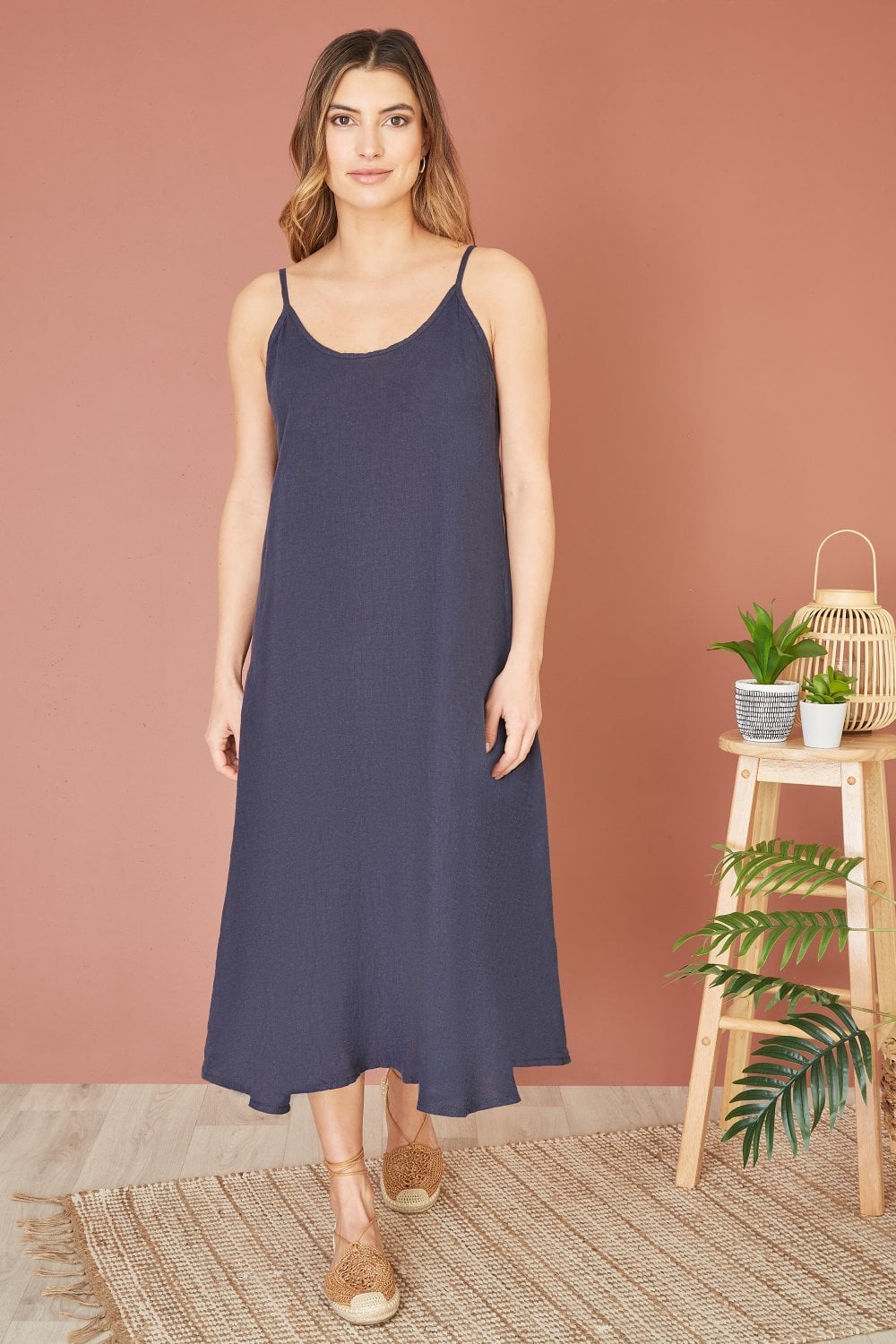 Yumi Navy Italian Linen Relaxed Fit Midi Sundress Yumi