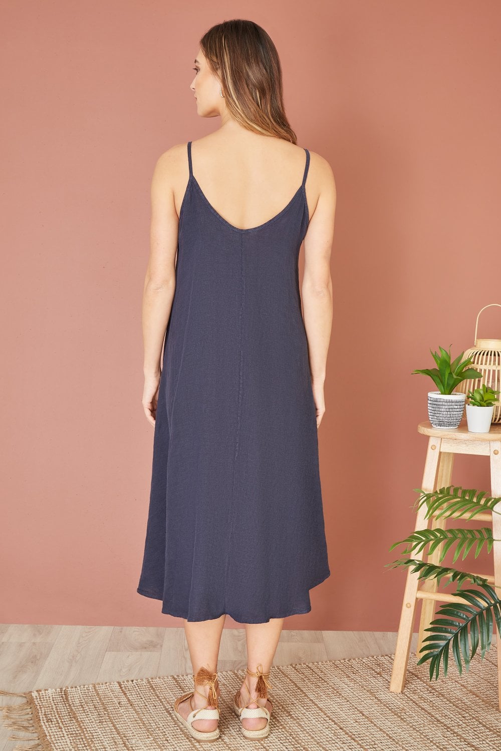 Yumi Navy Italian Linen Relaxed Fit Midi Sundress Yumi