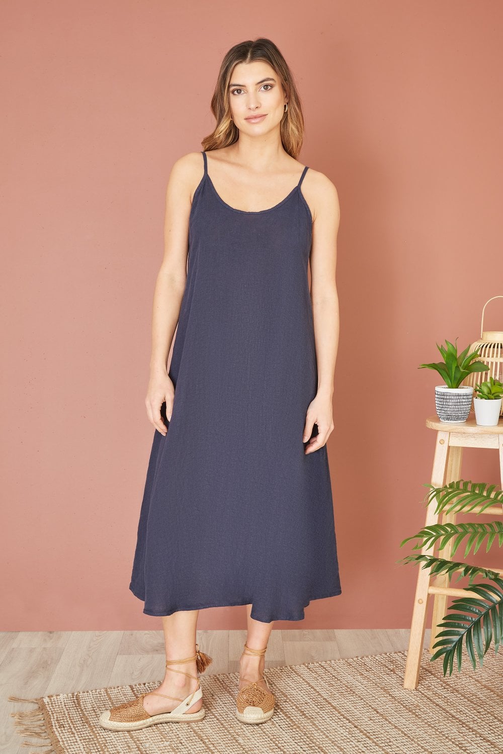 Yumi Navy Italian Linen Relaxed Fit Midi Sundress Yumi