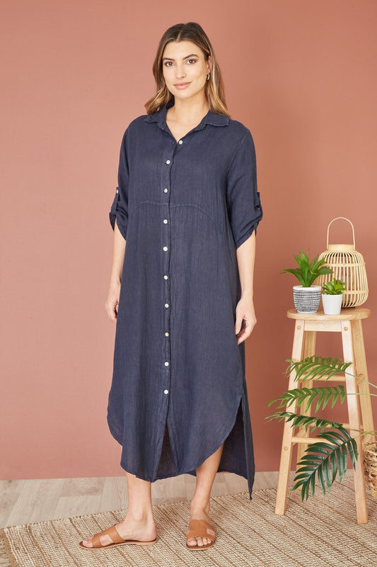 Yumi Navy Italian Linen Relaxed Midi Shirt Dress With Turn up Sleeves Yumi