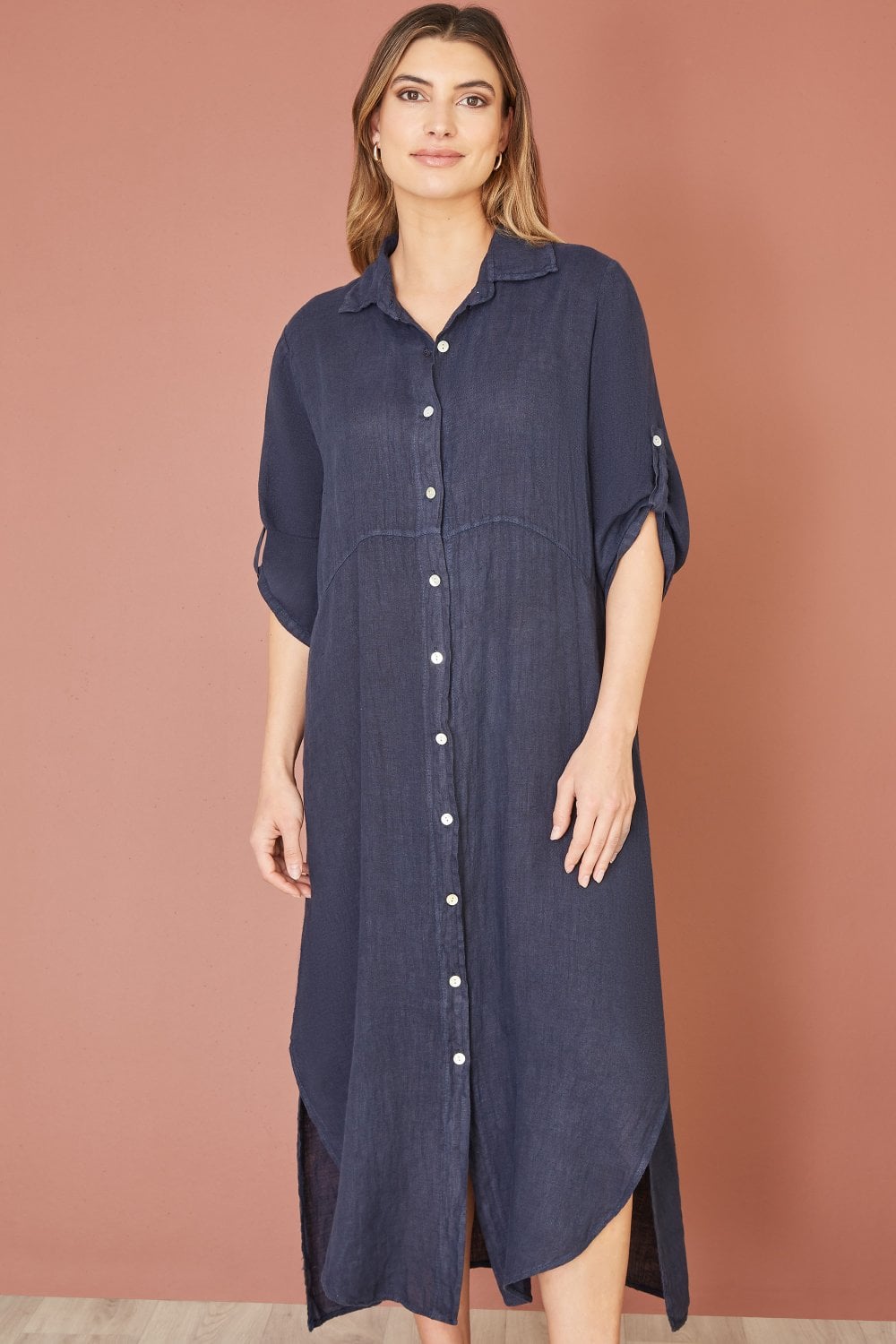 Yumi Navy Italian Linen Relaxed Midi Shirt Dress With Turn up Sleeves Yumi