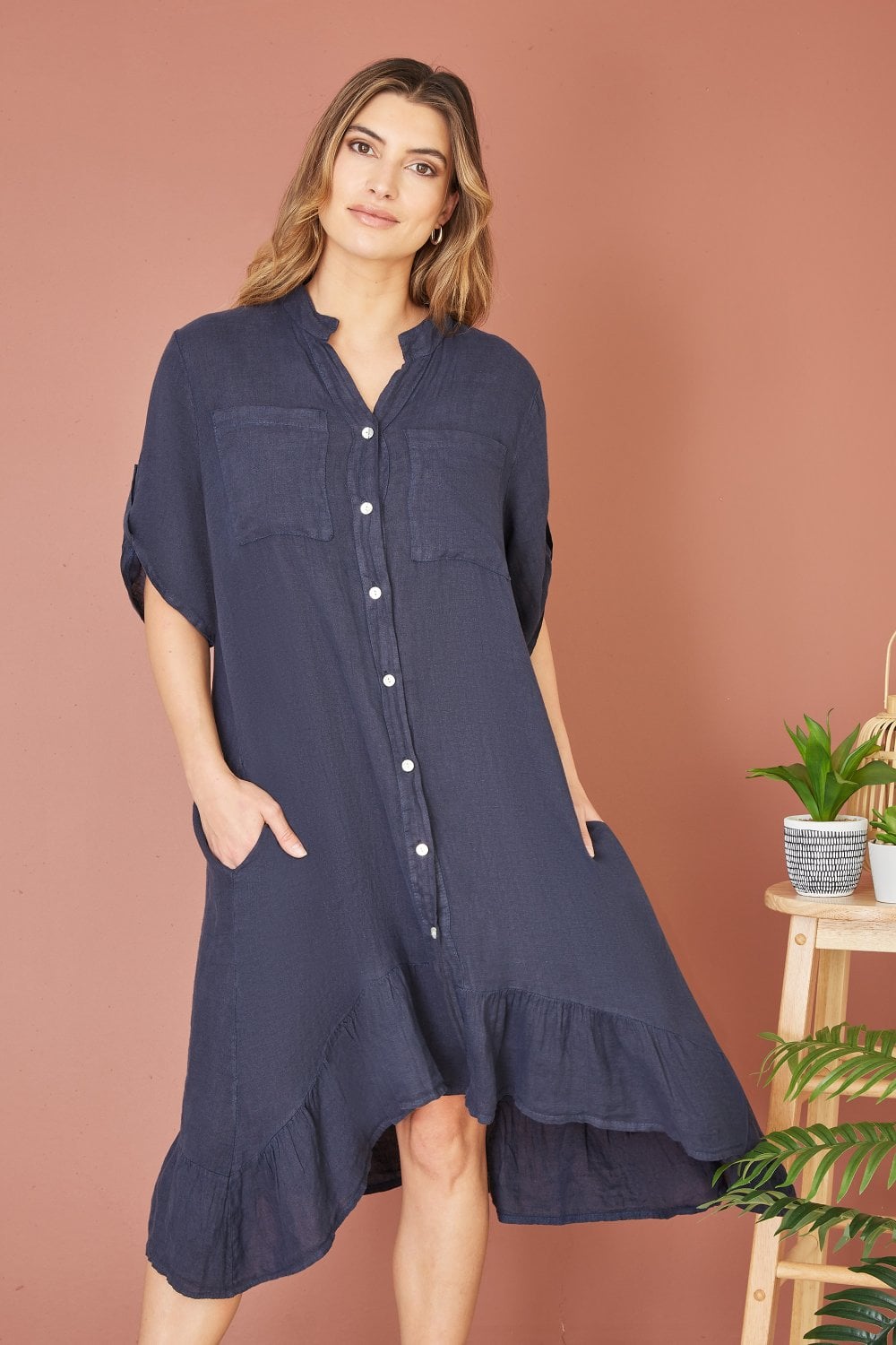 Yumi Navy Italian Linen Shirt Dress With Frill Hem Yumi