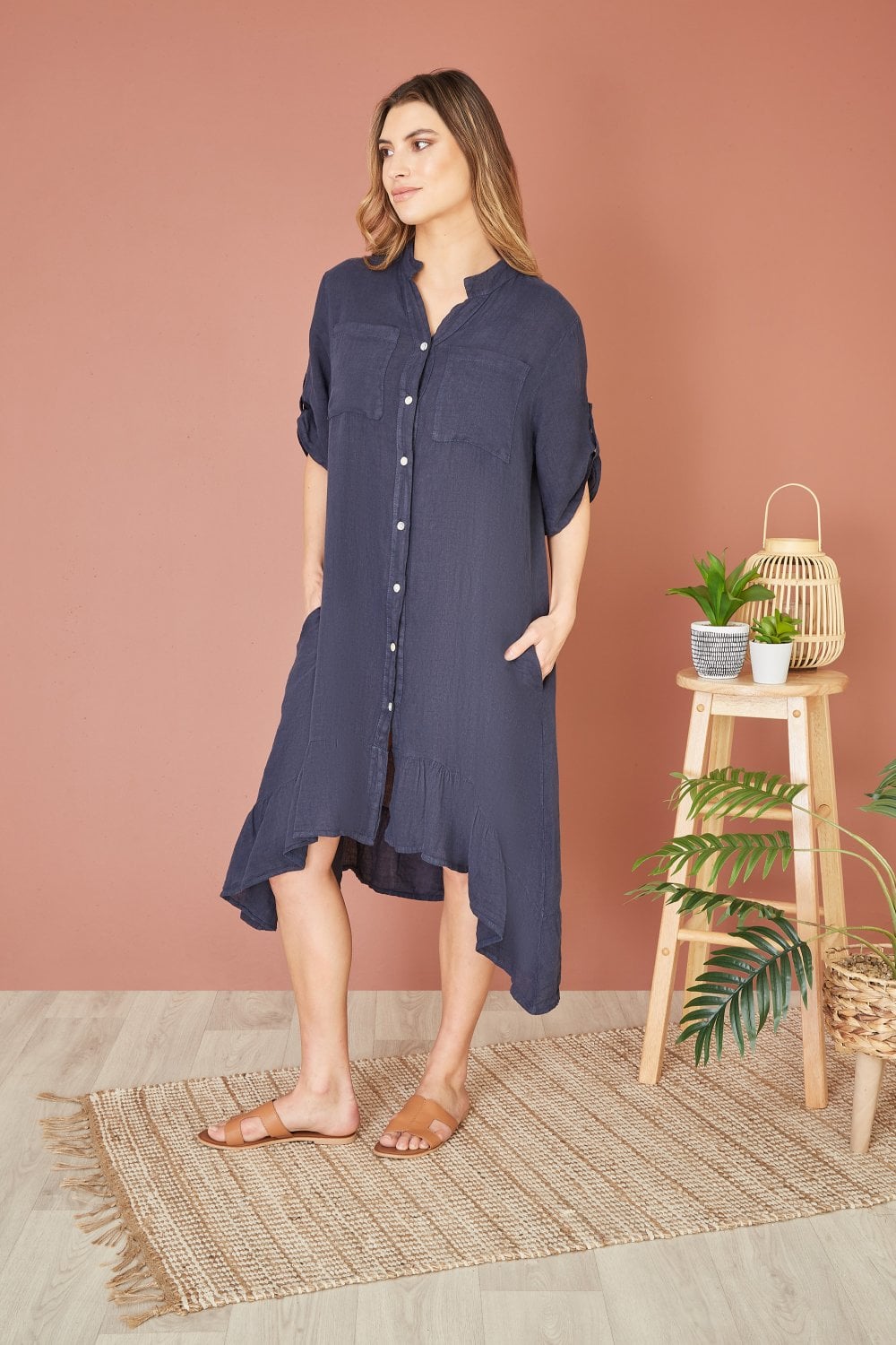 Yumi Navy Italian Linen Shirt Dress With Frill Hem Yumi