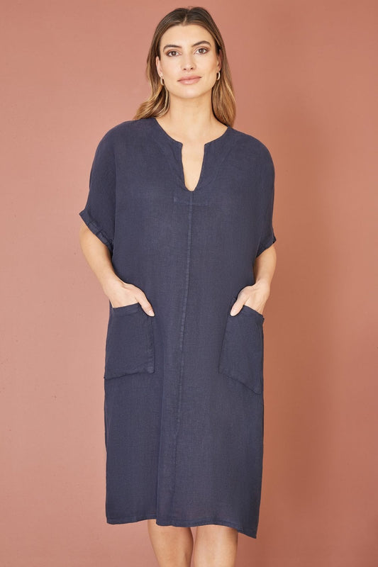 Yumi Navy Italian Linen Tunic With Front Pockets Yumi