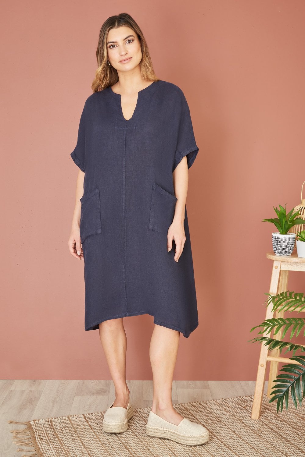 Yumi Navy Italian Linen Tunic With Front Pockets Yumi