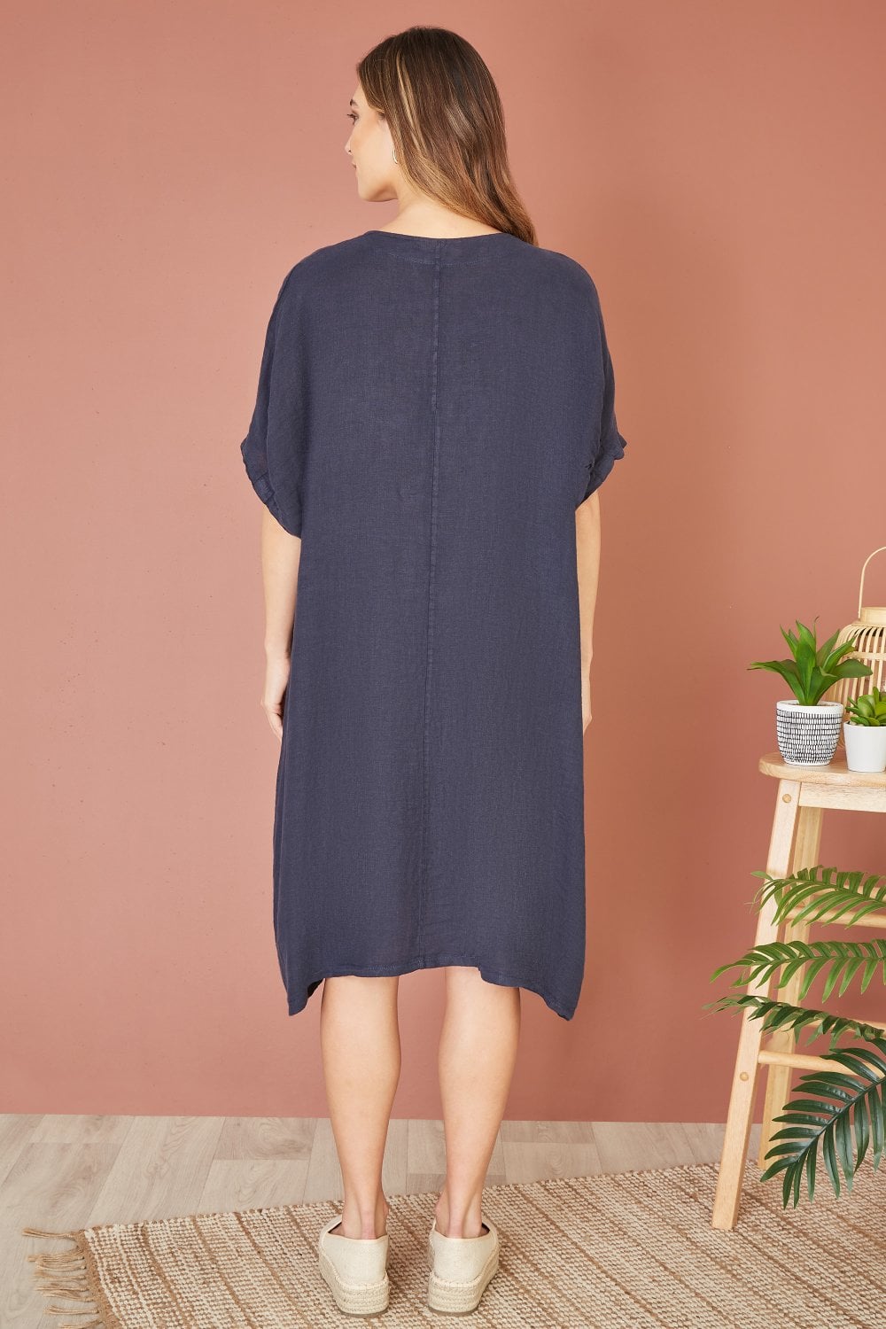 Yumi Navy Italian Linen Tunic With Front Pockets Yumi