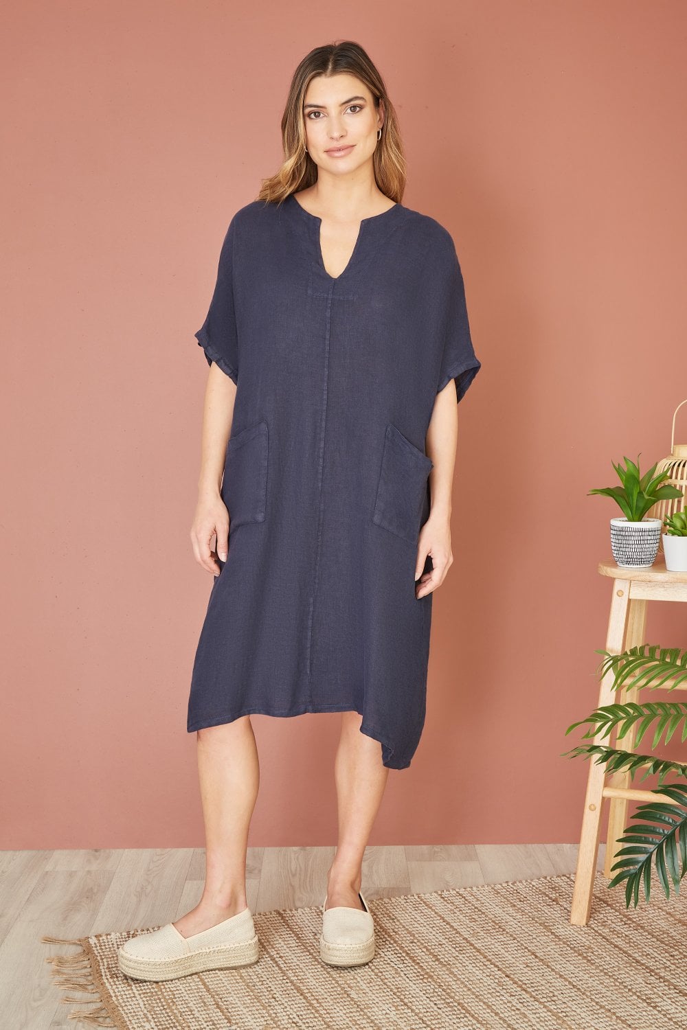 Yumi Navy Italian Linen Tunic With Front Pockets Yumi