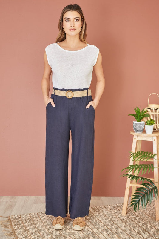 Yumi Navy Italian Linen Wide Leg Trousers With Belt Yumi