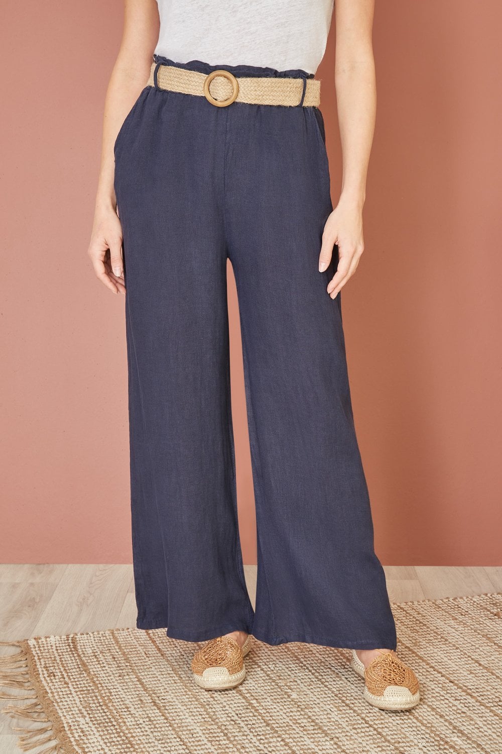 Yumi Navy Italian Linen Wide Leg Trousers With Belt Yumi