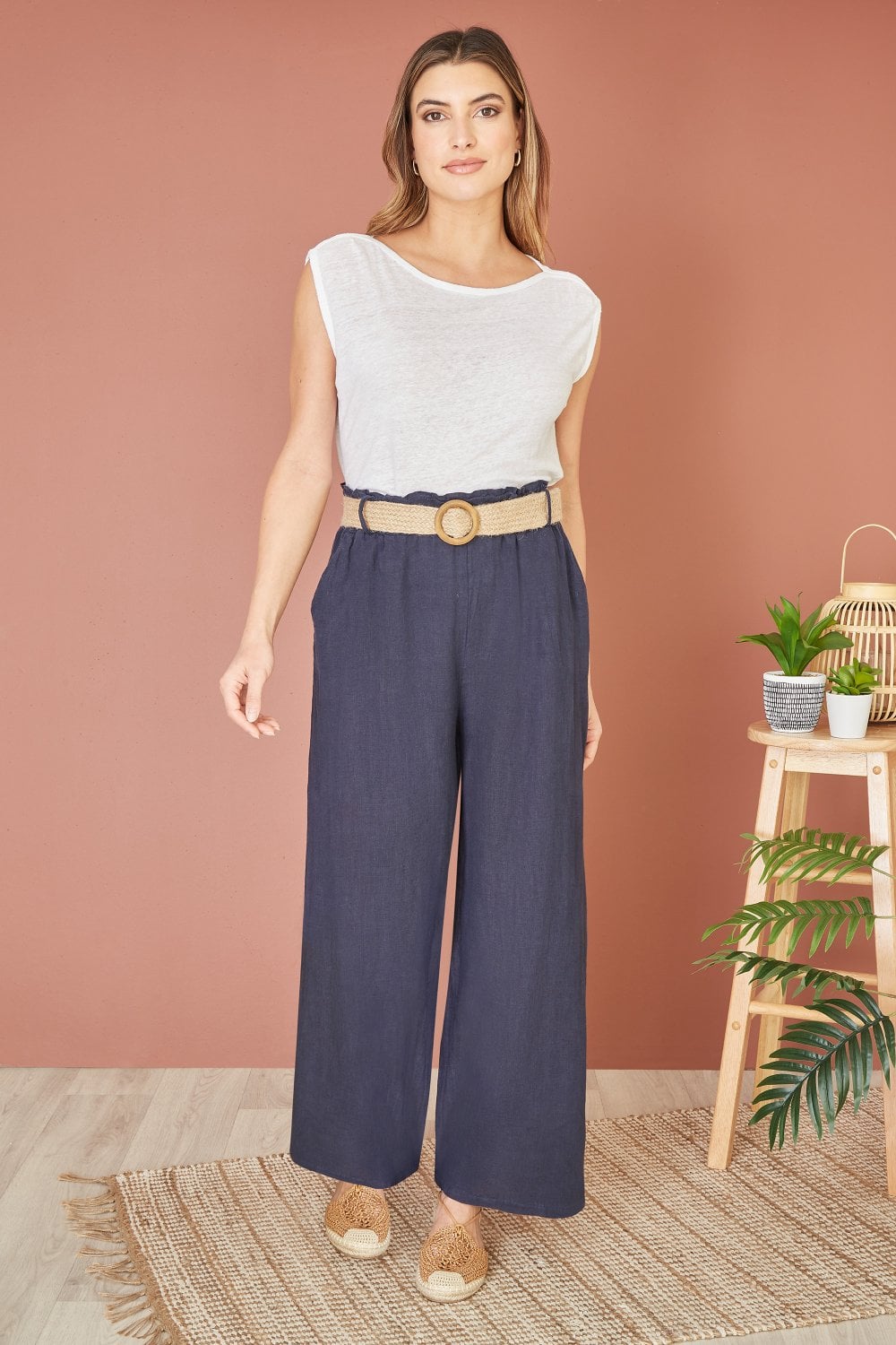 Yumi Navy Italian Linen Wide Leg Trousers With Belt Yumi