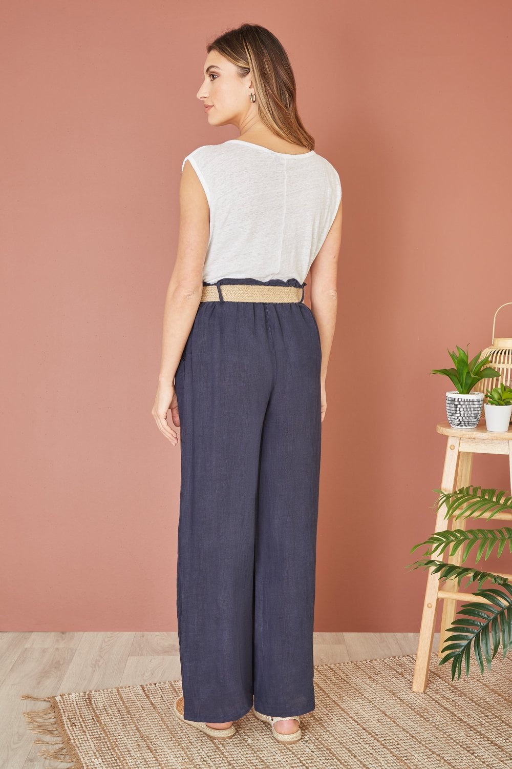 Yumi Navy Italian Linen Wide Leg Trousers With Belt Yumi