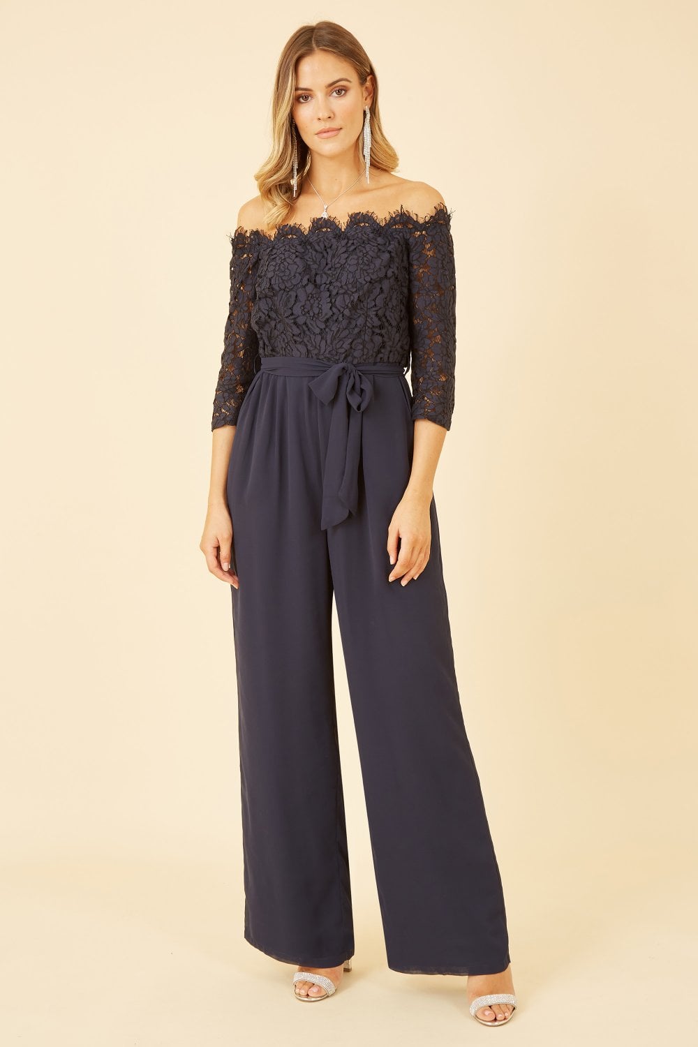 Yumi Navy Lace Bardot 3/4 Sleeve Jumpsuit Yumi