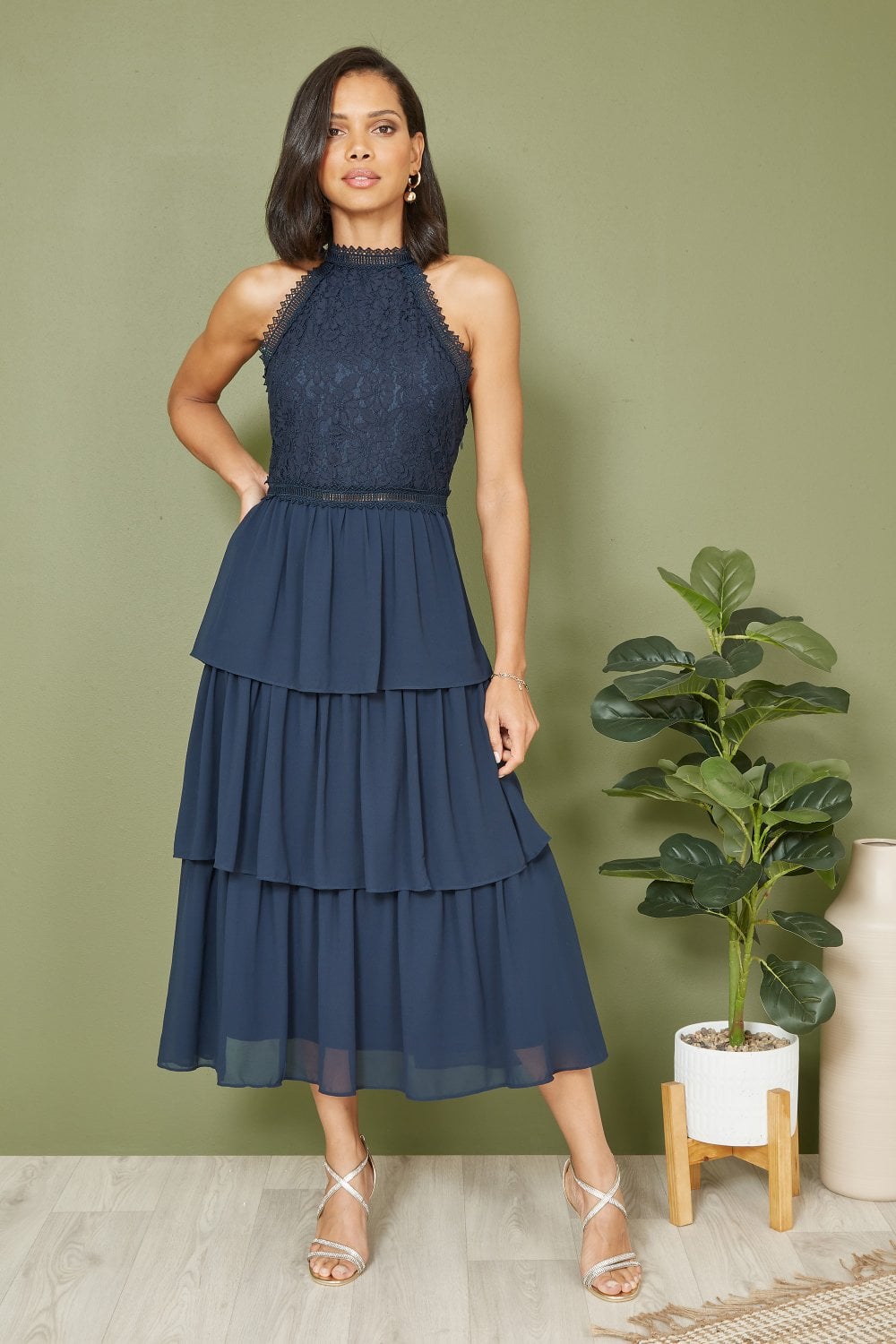 Yumi Navy Lace Halter Neck Midi Dress With Tiered Hem Yumi