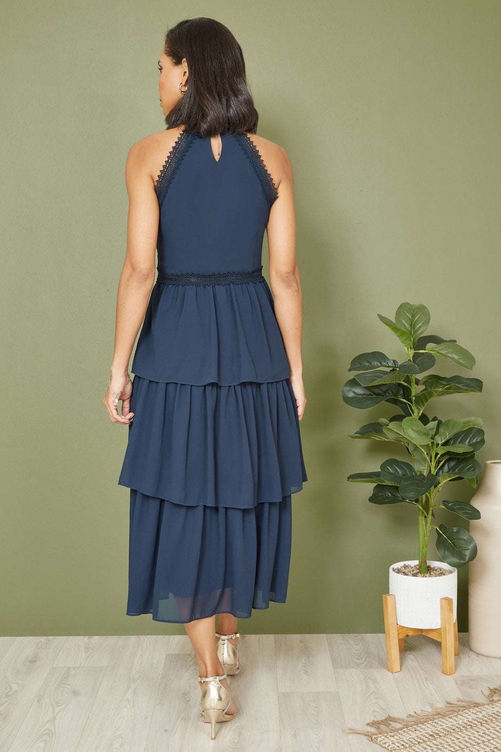 Yumi Navy Lace Halter Neck Midi Dress With Tiered Hem Yumi