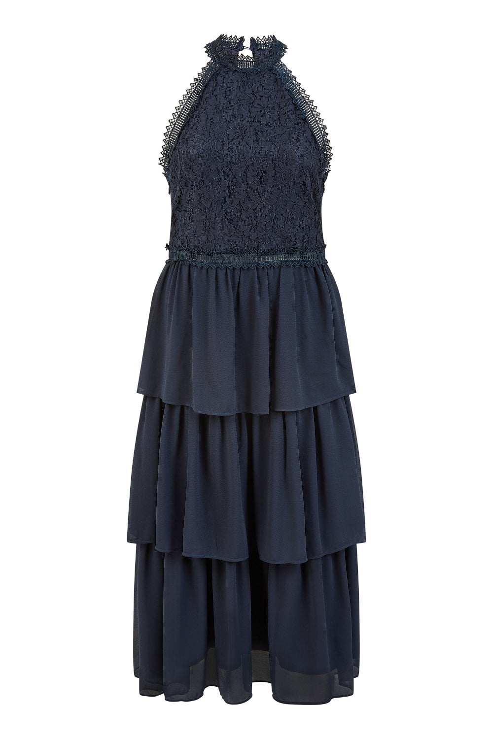 Yumi Navy Lace Halter Neck Midi Dress With Tiered Hem Yumi