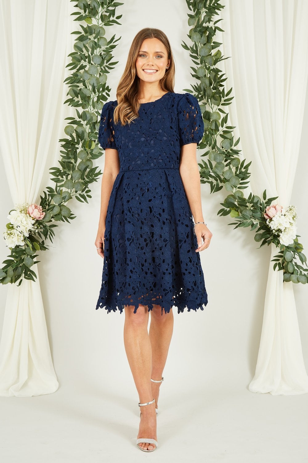 Yumi Navy Lace Skater Dress With Puff Sleeves Yumi