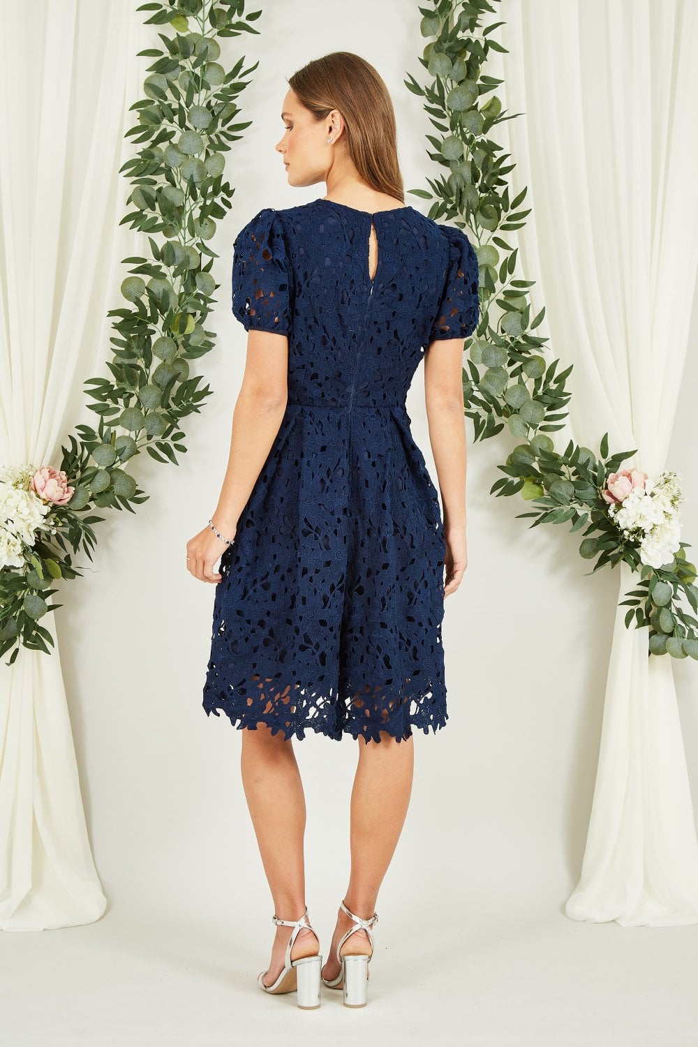 Yumi Navy Lace Skater Dress With Puff Sleeves Yumi