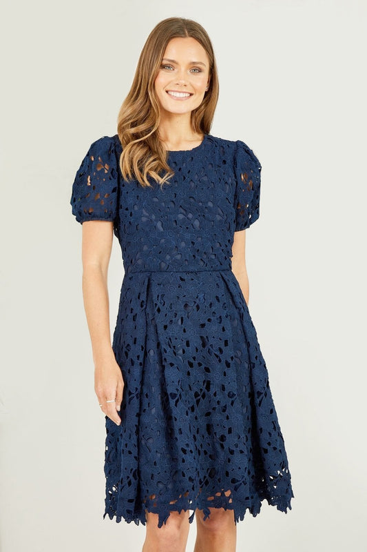 Yumi Navy Lace Skater Dress With Puff Sleeves Yumi