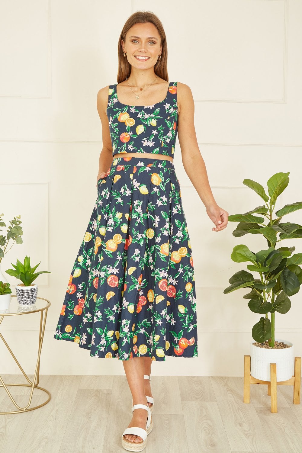 Yumi Navy Organic Cotton Citrus Print Midi Skirt Yumi