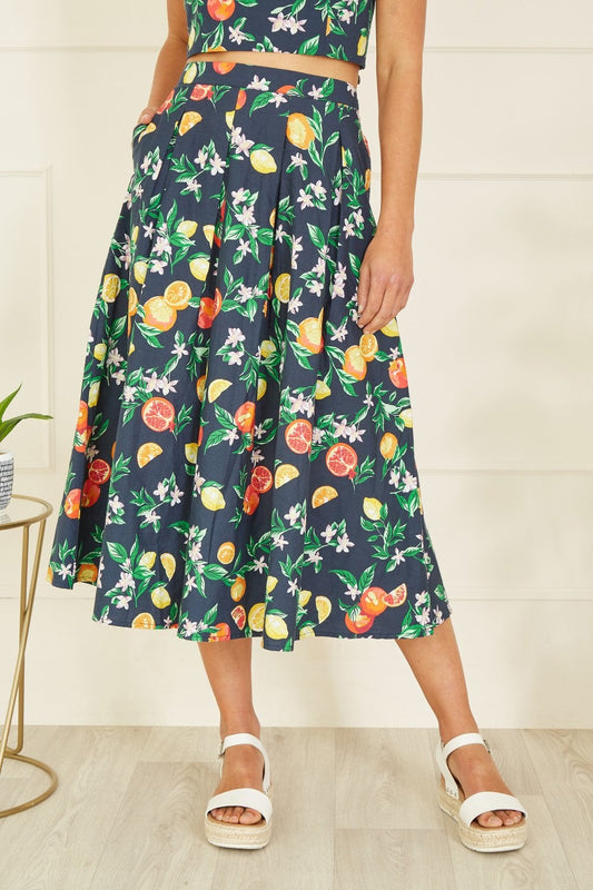 Yumi Navy Organic Cotton Citrus Print Midi Skirt Yumi