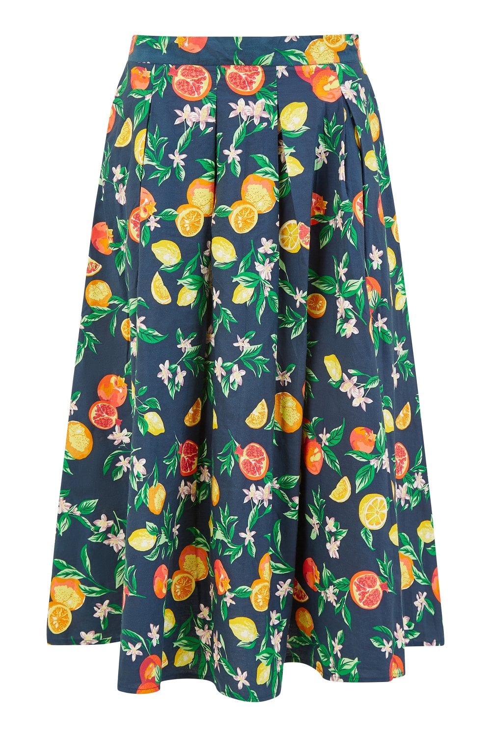 Yumi Navy Organic Cotton Citrus Print Midi Skirt Yumi