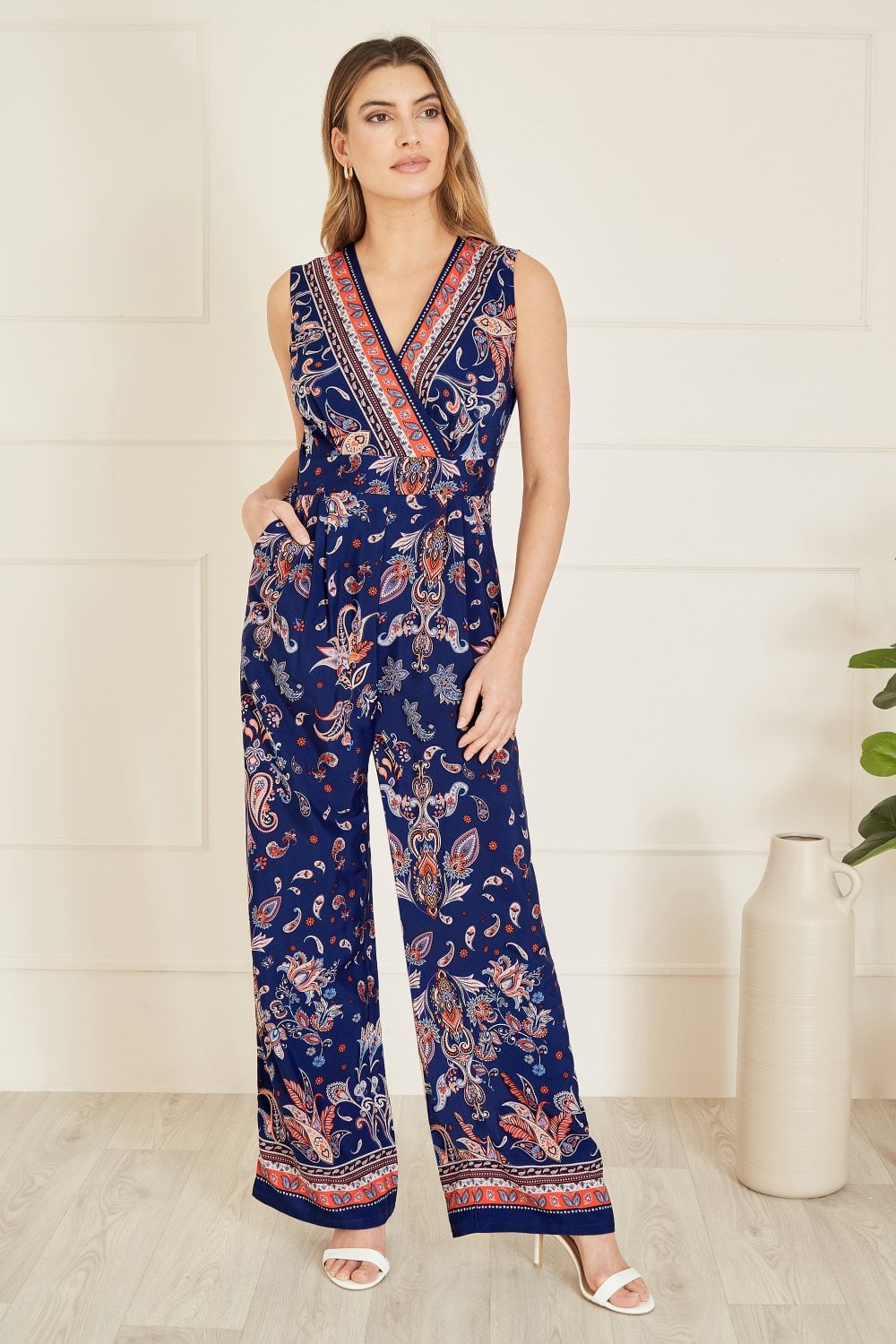 Yumi Navy Paisley Border Print Wrap Jumpsuit Yumi