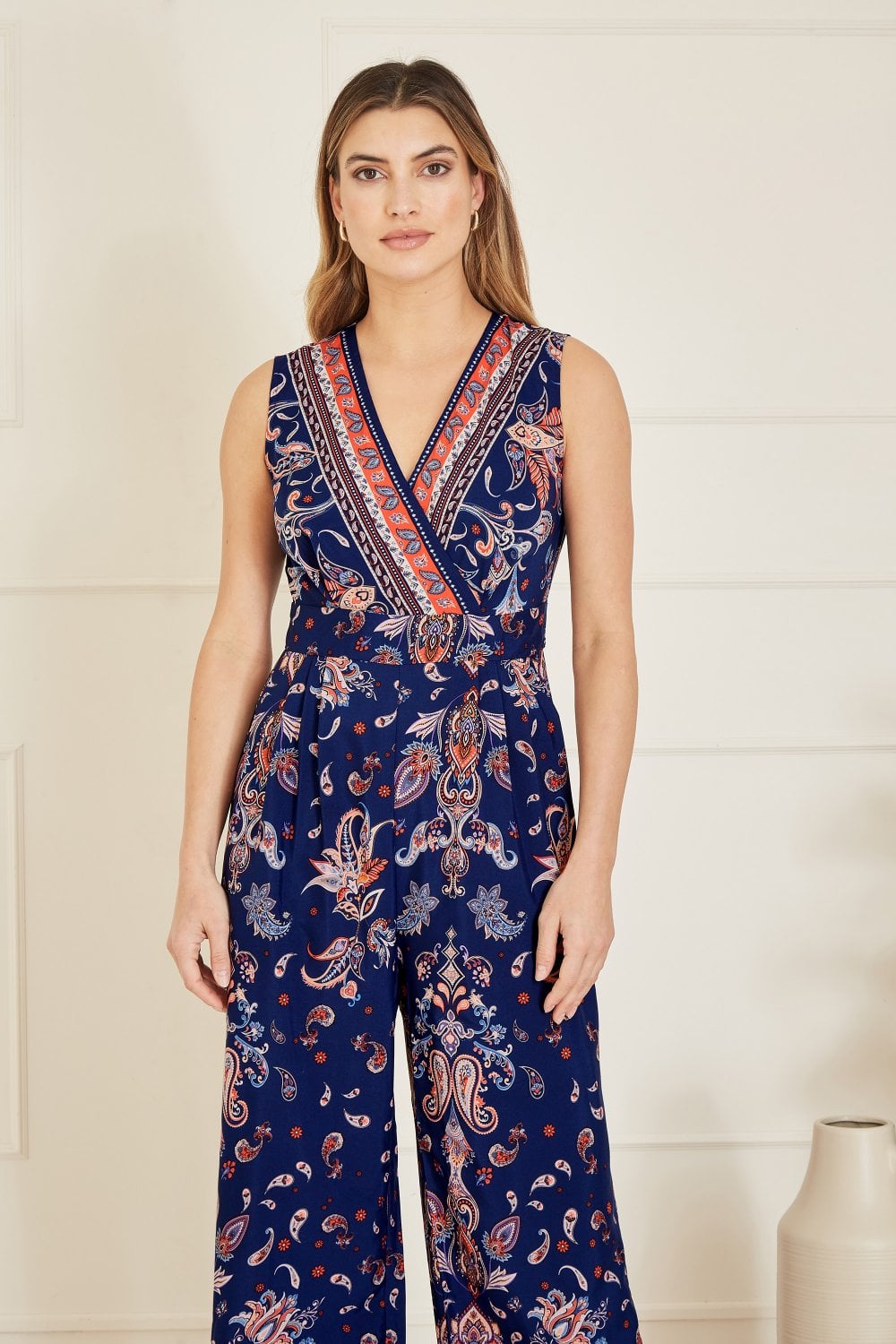 Yumi Navy Paisley Border Print Wrap Jumpsuit Yumi