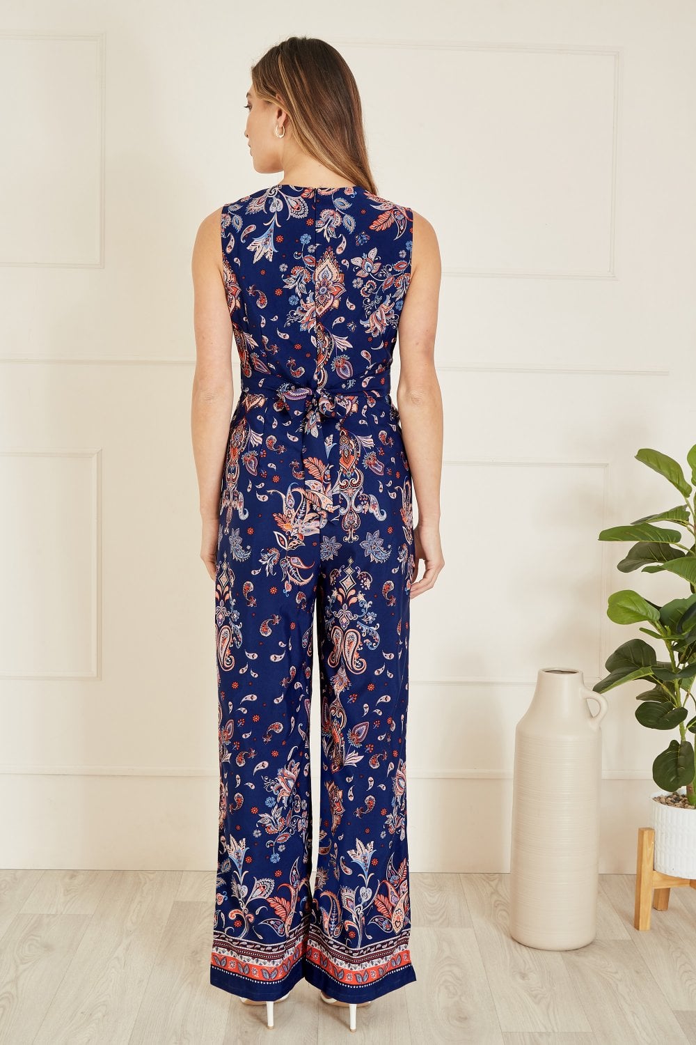 Yumi Navy Paisley Border Print Wrap Jumpsuit Yumi