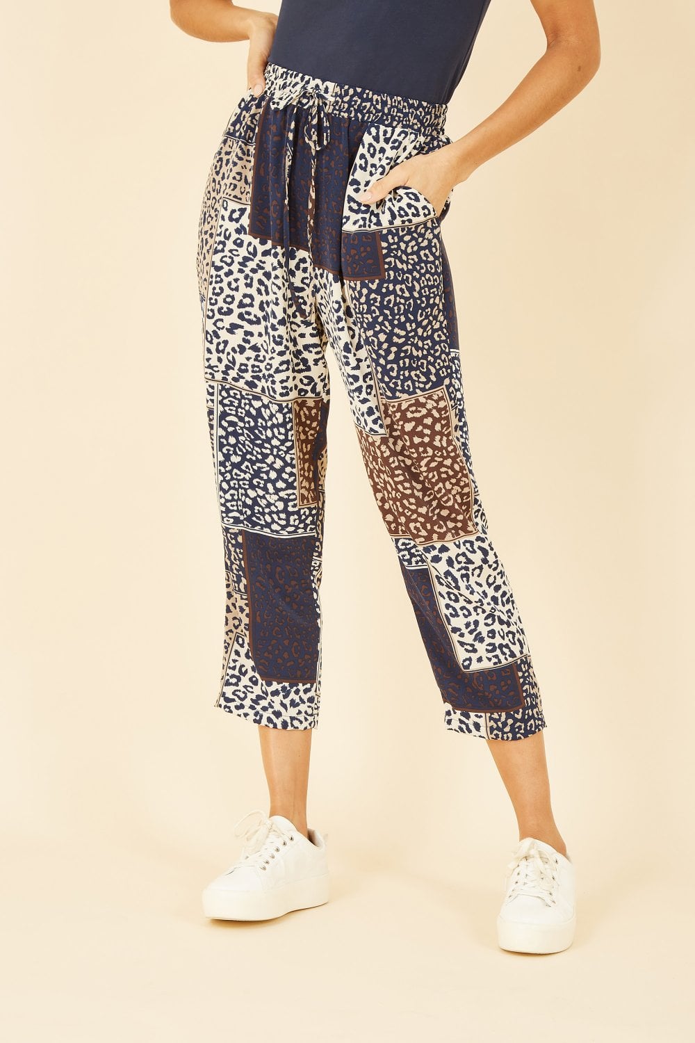 Yumi Navy Patchwork Animal Print Cropped Trouser Yumi