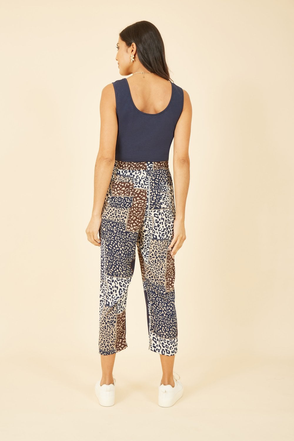 Yumi Navy Patchwork Animal Print Cropped Trouser Yumi