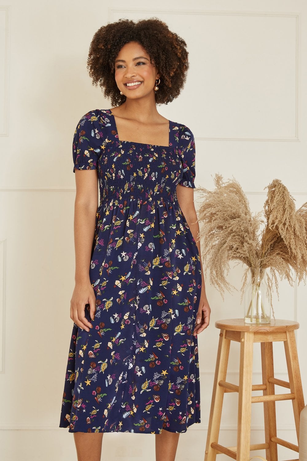 Yumi Navy Recycled Fabric Sealife Midi Dress Yumi