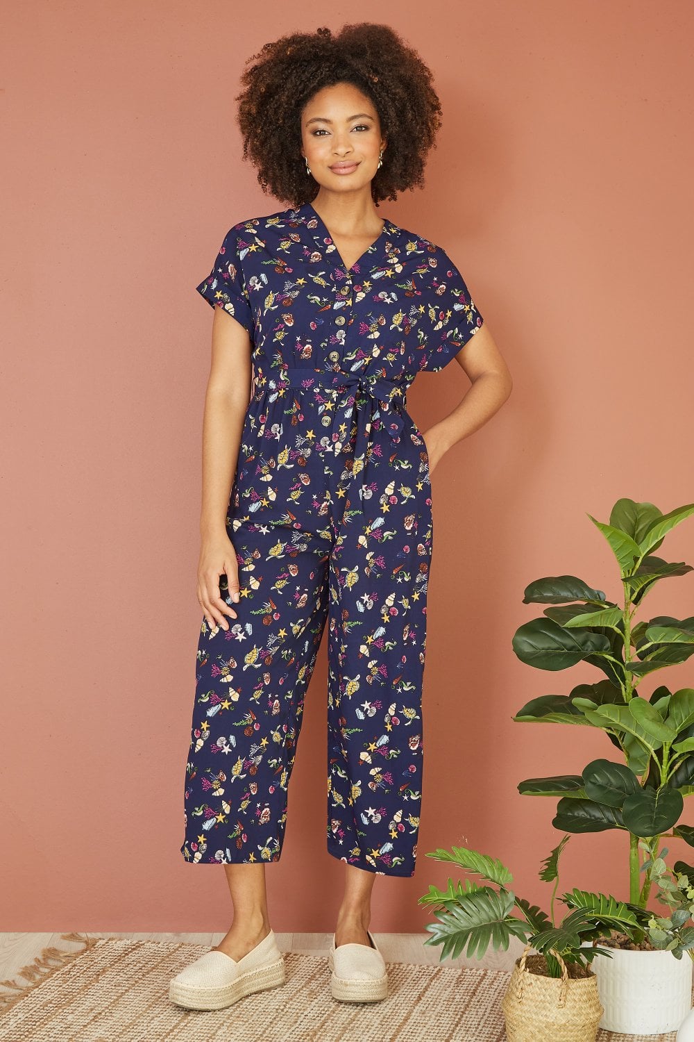 Yumi Navy Recycled Sealife Print Jumpsuit Yumi