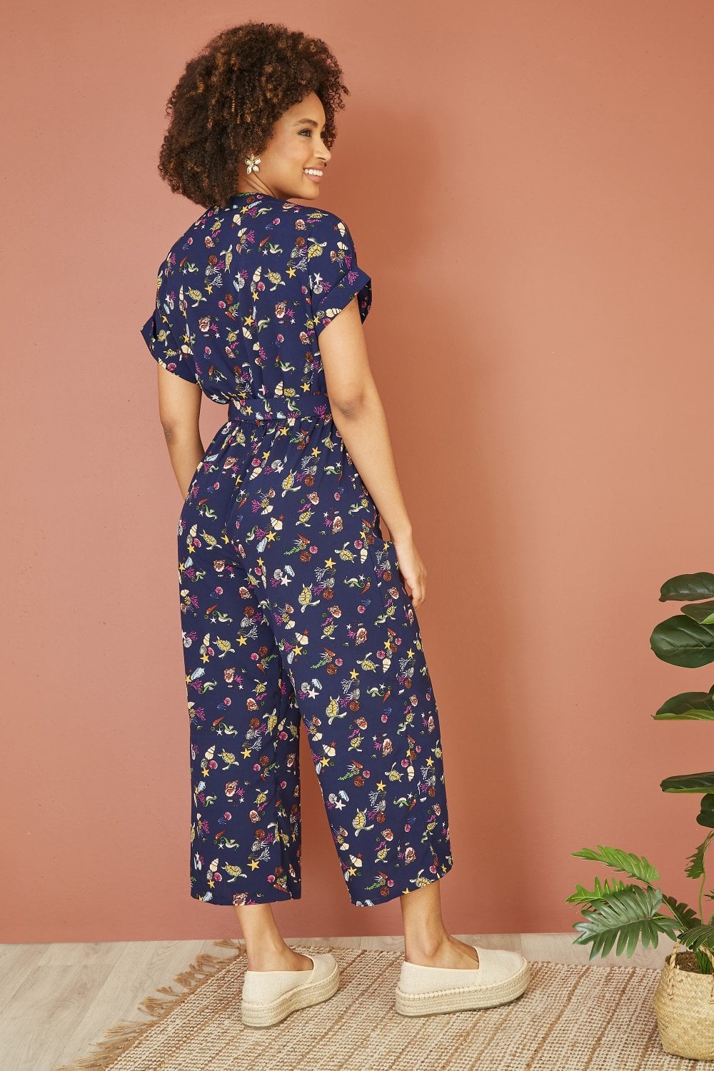 Yumi Navy Recycled Sealife Print Jumpsuit Yumi