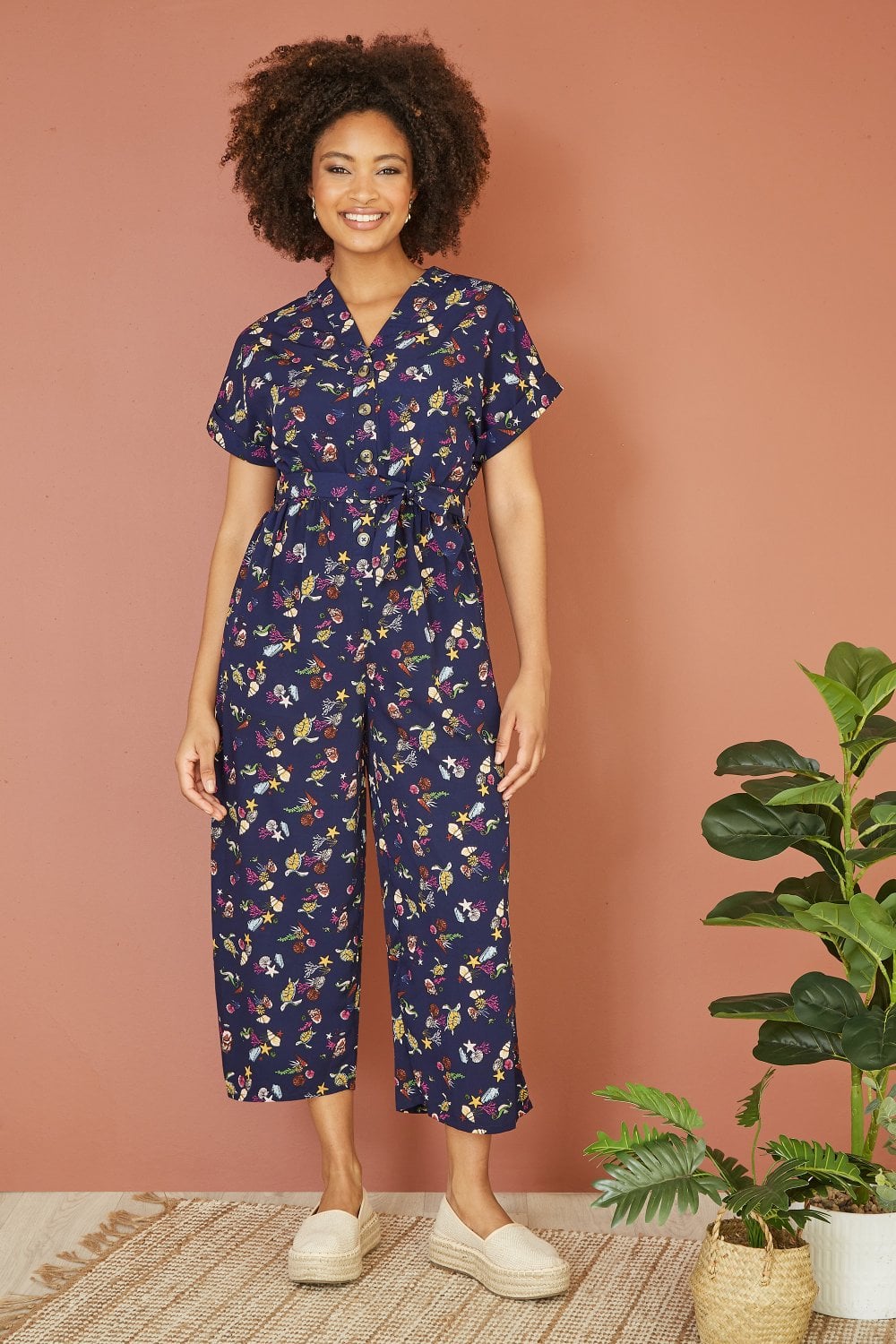 Yumi Navy Recycled Sealife Print Jumpsuit Yumi